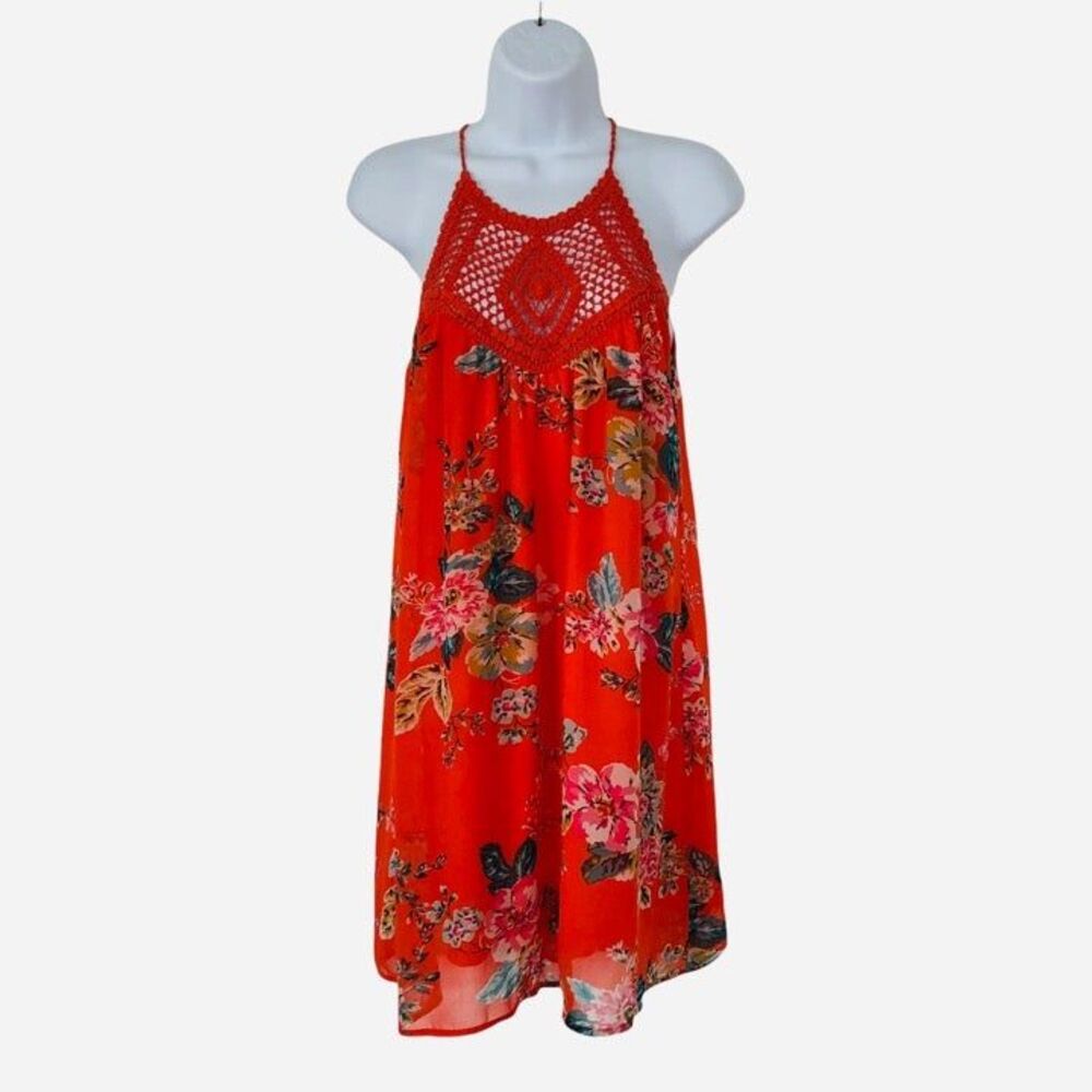Speechless Orange Floral Print Boho Babydoll Crochet Bodice Dress Women Small